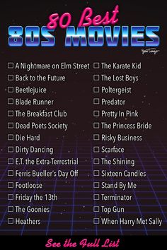 the 80s's movies list is shown in pink and blue, with text overlaying