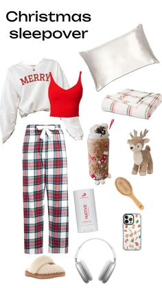 christmas sleepover outfit with headphones, coffee mug and other items for the holiday season