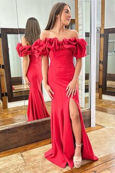 Red Ruffles Off-the-Shoulder Mermaid Long Formal Dress with Slit – Modsele Red Long Prom Dress, Wedding Dress Petticoat, Long Formal Dress, Mothers Dresses, Style Skirt, Mermaid Fashion, Long Prom Dress, Cocktail Dress Party, Formal Dress