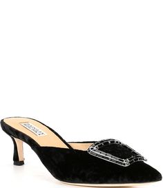 From Badgley Mischka&#x2C; the Abigayl Velvet Ornament Mules feature:Velvet upperSlip-on closureLeather liningLeather outsoleApprox. 1.9" heel heightImported. Dress Mules, Sharon Stone, Kate Winslet, Dillard's, Badgley Mischka, Shoes Shoes, Mules Shoes, Lifestyle Brands, Evening Wear