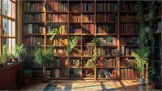 a room filled with lots of books on top of wooden shelves covered in plants and potted plants