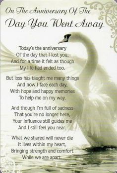 an anniversary card with a swan on it's back and poem in the middle