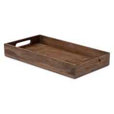 a wooden tray with handles on white background