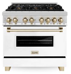 a white and gold stove with four burners on it's side, in front of a white background