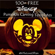 a pumpkin carved to look like mickey mouse with the words, 100 free disney pumpkin carving templates