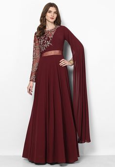 Side Cape, Georgette Gown, Beads Work, Dark Maroon, Indian Gowns Dresses, Patiala Salwar, Kurti Designs Party Wear, Sleeves Designs For Dresses