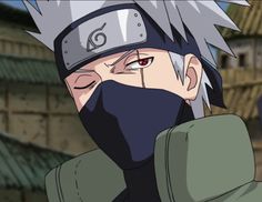 an anime character with grey hair wearing a black mask