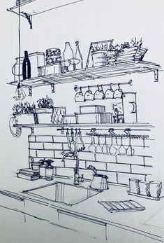 a drawing of a kitchen with shelves filled with pots and pans