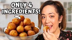 a woman holding a bowl full of fried food and eating it with the words only 4 ingredients