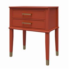 an orange nightstand with two drawers on one side and gold handles on the other end