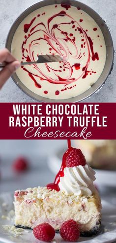 white chocolate raspberry truffle cheesecake on a plate