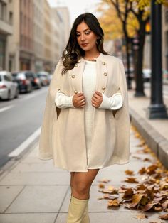 Plus Size Women's Front Button Simple Cape Knitted Coat, Casual Daily Wear Apricot Elegant  Sleeveless Woven Fabric Plain Cape Non-Stretch  Women Plus Clothing, size features are:Bust: ,Length: ,Sleeve Length: Knitted Coat, Woven Fabric, Plus Clothing, Cape, Daily Wear, All Fashion, Latest Trends, Sleeve Length, Plus Size