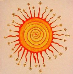 an orange and yellow sun drawing on white paper