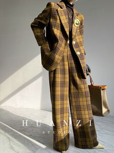 Highend quality retro plaid woolen wide-leg pants trouser jacket suit – ORUMATORU Plaid Suit For Office In Fall, Plaid Suit For Fall Office Wear, Fall Plaid Suit For Office, Plaid Suits With Suit Collar For Fall, Plaid Fall Suits With Suit Collar, Brown Fall Pantsuit For Office, Retro Coffee, Jacket Suit, Suit Pants