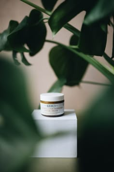 a jar of cream sitting on top of a white box next to a green plant