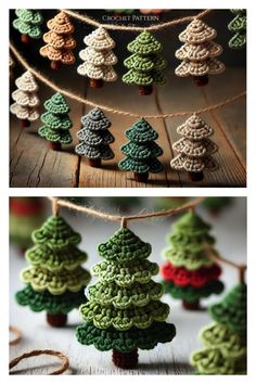 crocheted christmas trees are hanging from strings