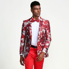 Red Floral Tuxedo Jacket Slim Fit - Blazer Elegant Formal Suits With Floral Print, Elegant Floral Print Suit For Formal Occasions, Elegant Floral Print Suits For Formal Occasions, Elegant Floral Print Formal Suits, Elegant Long Sleeve Suits With Floral Print, Elegant Floral Print Long-sleeved Suits, Tailored Spring Party Tuxedo, Spring Formal Suit With Floral Print, Formal Floral Print Suits For Spring