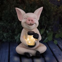 a small pig sitting on top of a wooden table holding a light up jar with its eyes closed