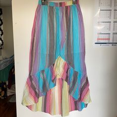 Francesca’s Closet Hi-Low Maxi Skirt Sz M, Nwt But Please See Picture For Small Spot In Front. Not Sure What It Is And Only Just Noticed. I Love The Bright, Rainbowy Colors! Striped Tiered Skirt For Summer, Cotton Asymmetrical Skirt For Beach, Striped Flared Skirt For Summer, Beach Lined Midi Skirt, Asymmetrical Lined Skirt For Vacation, Multicolor Lined Midi Skirt, Multicolor Midi Skirt, Summer Midi Skirt For Vacation, Summer Long Lined Skirt