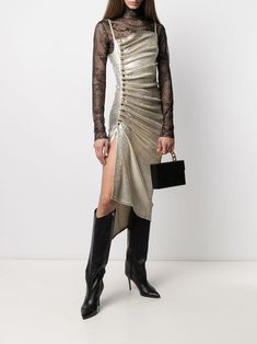 Find PACO RABANNE Metallic Pleated Dress With Side-button Ruched Detail on Editorialist. gold viscose-blend metallic finish side button fastening spaghetti straps asymmetric design ruched detailing Disc Dress, Gold Drapes, Asymmetrical Design, Paco Rabanne, Custom Dresses, Gold Dress, Contemporary Fashion, Pleated Dress, New Season