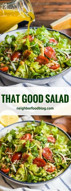 a salad with lettuce, tomatoes and cheese being poured into it