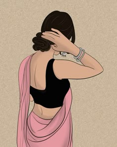 a woman in a black top and pink sari covering her face with her hands