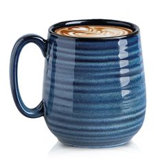 a blue coffee mug filled with liquid