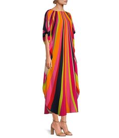 Trina Turk Jalani Boat Neck Stripe Print Maxi Caftan Dress | Dillard's Elegant Multicolor Dresses With Kimono Sleeves, Multicolor Silk Dress With Kimono Sleeves, Chic Multicolor Kaftan With Kimono Sleeves, Chic Multicolor Kaftan, Multicolor Bohemian Kaftan For Evening, Multicolor Summer Evening Kaftan, Summer Evening Multicolor Kaftan, Multicolor Evening Kaftan For Summer, Caftan Dress