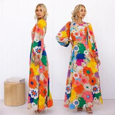 Print Round Neck Lantern Sleeve Dress - Printed Dress - S Chic Multicolor Maxi Dress For Fall, Multicolor Maxi Dress For Fall Party, Multicolor Maxi Dress For Fall, Multicolor Long Sleeve Floral Dress For Vacation, Chic Multicolor Long Sleeve Maxi Dress, Floral Print Maxi Long Sleeve Dress For Party, Floral Print Long Sleeve Maxi Dress For Day Out, Floral Print Maxi Length Long Sleeve Party Dress, Long Sleeve Multicolor Floral Dress For Vacation