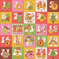 the numbers are decorated with cartoon animals and christmas decorations on colorful squares, as well as an ornament for new year's eve