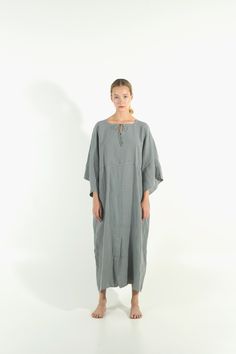 "100% soft linen (180gr/sq.m.) This carefully tailored women's ONE SIZE dress is made of cool and light pure linen. It's a stylish outfit for women with distinct taste, for any occasion. NO BUTTONS, NO BUTTONHOLES, NO ZIPS ZERO SHRINKAGE FITTING: The model appearing in the photo is 176cm (5' 9\") tall. Because of the kaftan's loose style ONE size FITS ALL. ONE SIZE -RECTANGULAR PATTERN BUST-WAIST-HIPS 134cm/ 53\" LENGTH 130CM / 51\" Thank you for shopping from YUMElabel. Enjoy this beautiful lin Oversized Linen Tunic For Loungewear, Oversized Linen Kaftan For Spring, Oversized Linen Tunic For Daywear, Oversized Linen Bohemian Kaftan, Casual Long Sleeve Linen Kaftan, Relaxed Linen Tunic For Loungewear, Relaxed Fit Linen Tunic For Loungewear, Linen Kaftan For Daywear, Relaxed Fit Linen Kaftan Tunic