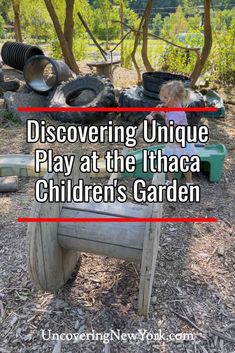 an old chair sitting in the middle of a field with words describing discovering unique play at the tiha children's garden