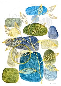 a drawing of leaves and rocks with blue, green, yellow and white colors on them