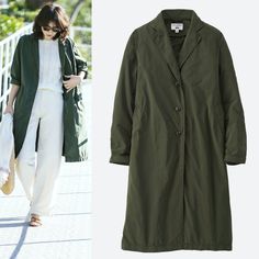 Uniqlo / Ines De La Fressange Idlf Duster Coat In Olive Green Size: Xs Garment-Dyed Relaxed Silhouette Bold Stitching And A Distinctive Texture 89% Polyester, 11% Nylon 415297 Classic Relaxed Fit Outerwear, Casual Uniqlo Outerwear With Pockets, Green Fitted Outerwear For Daywear, Casual Single-breasted Outerwear For Daywear, Casual Green Outerwear For Daywear, Casual Single Breasted Outerwear For Daywear, Green Cotton Outerwear For Daywear, Uniqlo Jackets, Uniqlo Women