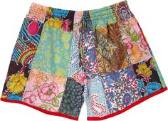 Fun and spirited cotton patchwork shorts to set you and those around you in a happy mood; the shorts have deep side pockets and are lined with cotton voile - that extra body makes these extra cozy and comfortable. The colorful shorts have playful floral prints on cotton voile fabric, with red piping at the hem. #tlb #Patchwork #Pocket #Yoga #vacationclothing #beachwrap #Floral #bohemianfashion #Handmade #HippieShorts #BeachShorts Multicolor Hippie Shorts For Vacation, Bohemian Multicolor Spring Shorts, Hippie Multicolor Beach Shorts, Hippie Multicolor Shorts For Beach, Hippie Multicolor Shorts For The Beach, Playful Shorts With Pockets For Vacation, Playful Vacation Shorts With Pockets, Playful Beach Shorts With Pockets, Playful Multicolor Short Pajama Shorts