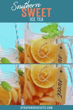 two pictures of iced tea in mason jars with mint leaves and lemon slices on top