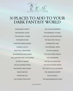 the top ten places to add to your dark fantasy world infographical text on a white background