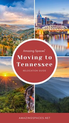 the cover of an amazing guide to moving to tennessee, including pictures of mountains and trees