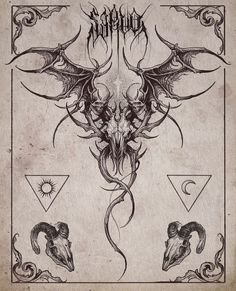 a drawing of a demon head with horns and other symbols on the back of it