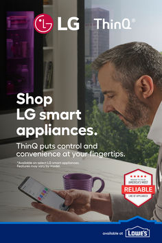 a man looking at his phone while holding a coffee mug and reading the text shop lg smart appliances