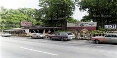 several cars parked on the street in front of a flower shop with flowers and plants