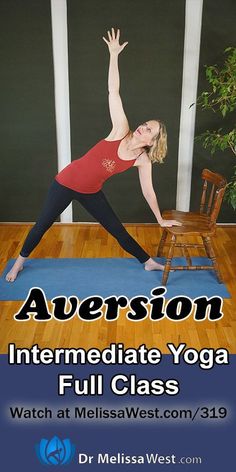 a woman is doing yoga in front of a chair with the words aversion on it