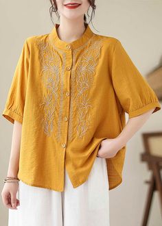 Women Yellow Embroideried Button Cotton T Shirt Short SleeveFabric: Cotton 45%, Linen 55%Size & Fit: Fit: This garment fits true to size.Length: Size L measures 22.23"from shoulder to hemBust: Great for any cup size. Waist: Loose Fit. Comfortable room throughout midsection.Hip: Loose Fit - room for hips. Hand Wash Cold. Long Knit Sweater, Fleece Dress, Cape Coat, Comfortable Room, Sleeve Women, Shirt Short Sleeve, Sleeves (women), Cup Size, Nike Outfits