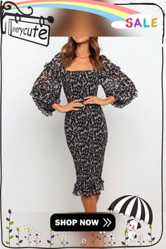 Elegant Fashion Women Sexy Floral Dress Autumn New A-line Midi Dresses Chiffon Square-neck Long-sleeve Folds Slim Hip Dress Slim Hips, Dresses Chiffon, Hip Dress, Dresses By Length, Fall Dresses, Square Neck, Elegant Fashion, Women's Fashion Dresses, Floral Dress