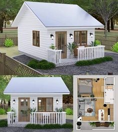 this is a small white house with a porch and deck on the front, and second floor