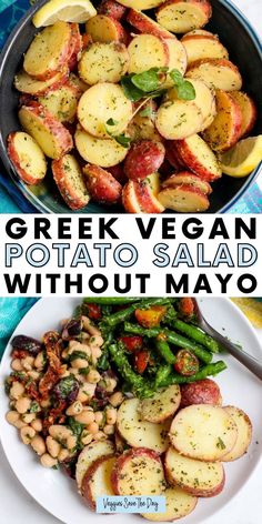 Red potato salad in a bowl garnished with lemon slices and sprig of fresh oregano Quick Potato Salad, Potato Salad Without Mayo, Greek Potato Salad, Healthy Potato Salad Recipe, Vegan Potatoes, Potato Salad No Mayo, Red Skin Potato Salad, Red Potato Salad Recipe, Vegan Potato Salad