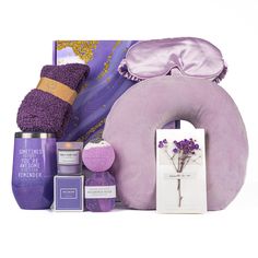 PRICES MAY VARY. Relaxing Spa Experience - Indulge in a luxurious at-home spa day with a soothing lavender-scented candle, a fizzy bath bomb, and handmade soap for a calming self-care ritual. Cozy Comfort - Slip on the soft, fuzzy socks and eye mask, then rest your head on the memory foam travel pillow to unwind in total comfort whether at home or on the go. Thoughtful Sentiment - The included greeting card allows you to add a personal message of love, thanks, or encouragement to make this present set even more meaningful for her. Stylish Hydration - The 20oz stainless steel tumbler fits securely in a car cup holder to keep her favorite beverages at the ideal temperature during commutes or road trips. Elegant Presentation - All the pampering essentials come beautifully arranged in a sleek Color Themed Gift Baskets Purple, Self Care Kit Gift, Self Care Basket, Spa Basket, Elegant Presentation, Lavender Scented Candle, Lavender Gifts