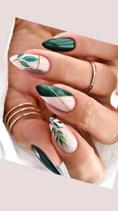 nail designs/ nail art designs / nails for 2022 / trendy nail ideas / cute nail arts to copy / nail designs summer / nail designs trending now / nail designs glitter/ fun nail arts / classy nails Rainforest Nails Design, Green Leafy Nails, Leafy Nail Designs, Green Nails Leaves, Peacock Green Nails, Plant Nail Ideas, Green Nails With Leaves, Nail Art Feuille, Peacock Nails Design