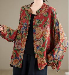 Unique ethnic retro floral design with Chinese frogs Relaxed fit, dolman sleeve High-quality, soft fabric for comfortable wear Size Bust Length Sleeve cm inch cm inch cm inch M 144 56.69 65 25.59 75 29.53 L 148 58.27 66 25.98 76 29.92 XL 152 59.84 67 26.38 77 30.31 2XL 156 61.42 68 26.77 78 30.71 Loose Shirt, Hooded Dress, Vest Shirt, Loose Shirts, Spring Summer Dress, Urban Chic, Retro Floral, Plaid Dress, Linen Women