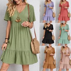 Elegant V-Neck Summer Dress – ProLyf Styles Casual Flowy Dress, Mini Dress Summer Casual, Summer Dresses Knee Length, Mini Robes, Floral Short, Mini Dresses Summer, Boho Casual, Boho Summer, Knee Length Dresses